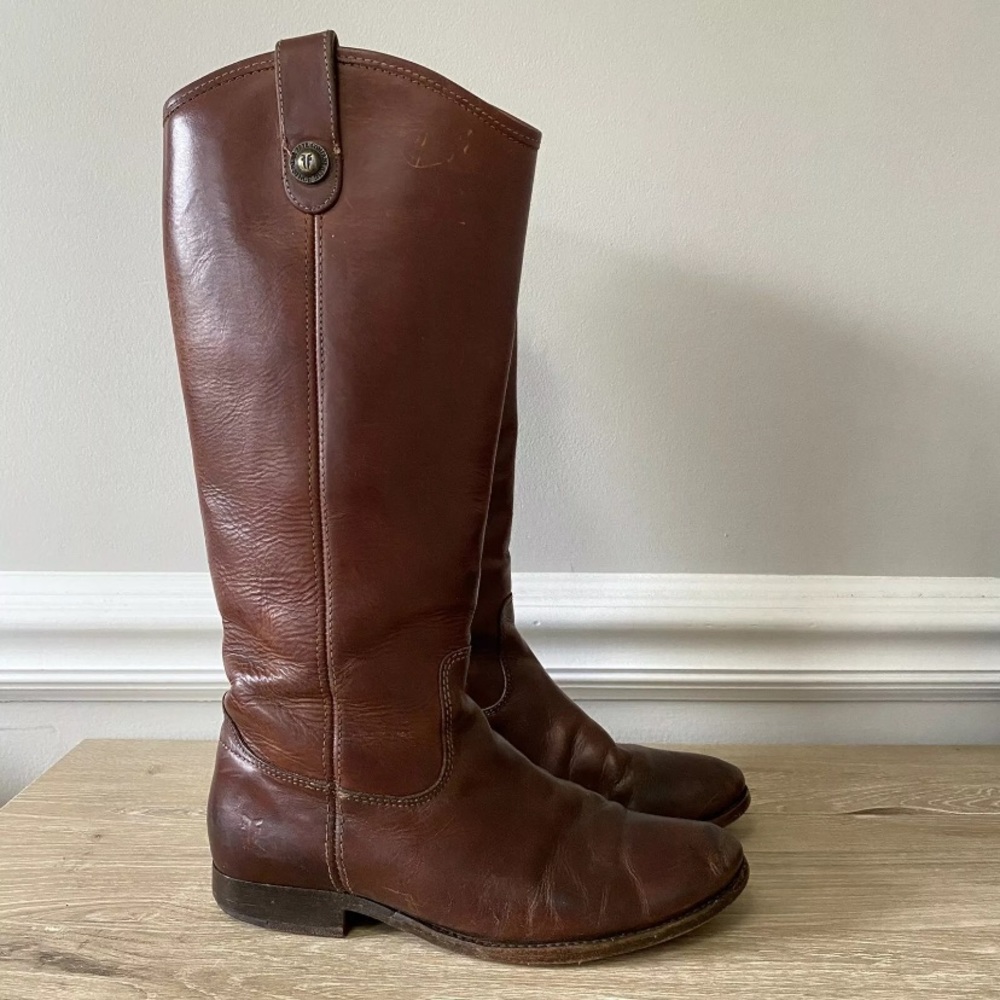FRYE 77167 Melissa Button Tall Brown Cognac Leather Riding Boots
